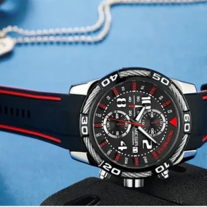 Black sports watch with red accents