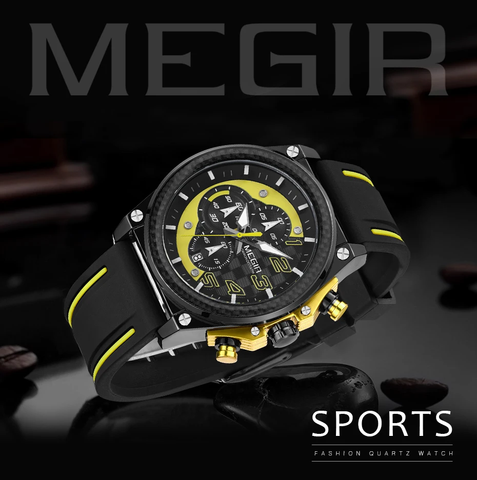 megir men's chronograph quartz watches for male waterproof luminous wristwatch with rubber strap for boys man 2051g 1n8 Black sports watch with yellow accents