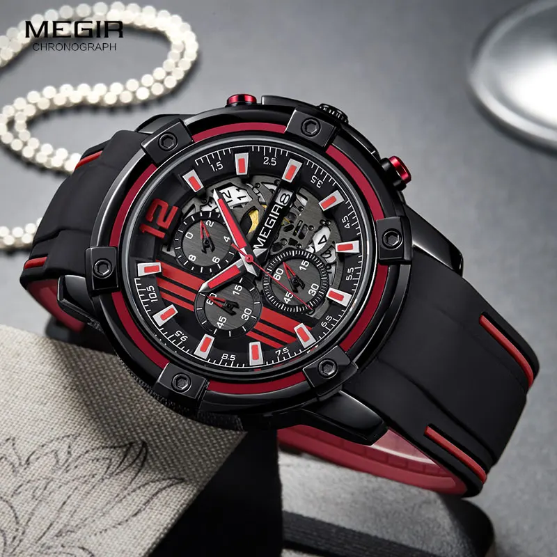 megir men's sports quartz watches army military chronograph wristwatch for man luminous relogios masculino clock 2097 black red Black and red chronograph watch