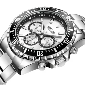 Silver chronograph watch with black bezel