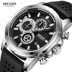 Men's chronograph watch with black strap.