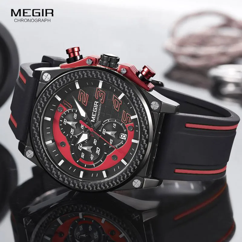 megir men's chronograph quartz watches for male waterproof luminous wristwatch with rubber strap for boys man 2051g 1n8 Black and red chronograph watch