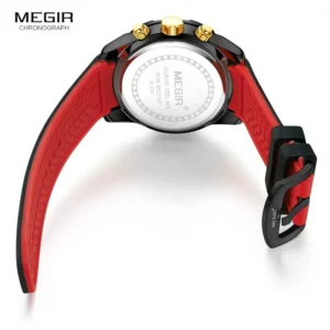 Red and black chronograph watch.