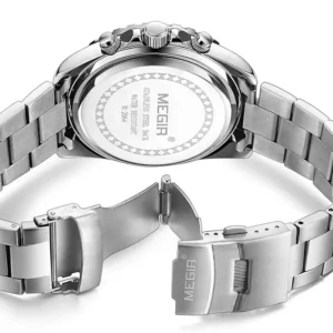 Silver watch with metal band.