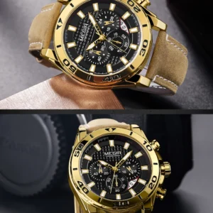 Gold chronograph watch with brown strap