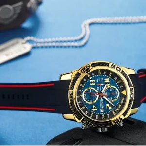 Gold chronograph watch with blue face