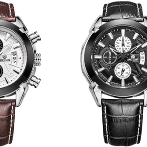 Men's chronograph watches with leather straps.