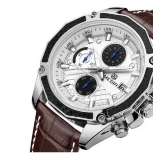 Silver chronograph watch brown strap