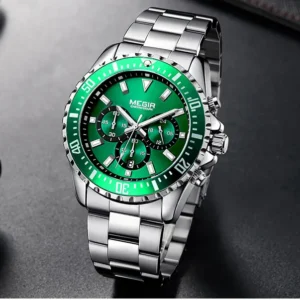 Green dial steel chronograph watch