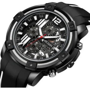 Black analog watch with stopwatch