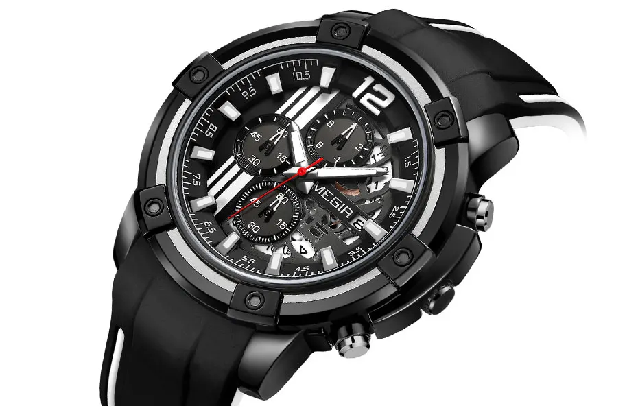 megir men's sports quartz watches army military chronograph wristwatch for man luminous relogios masculino clock 2097 black red Black analog watch with stopwatch