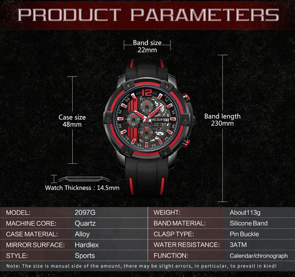 megir men's sports quartz watches army military chronograph wristwatch for man luminous relogios masculino clock 2097 black red Black red sports watch details