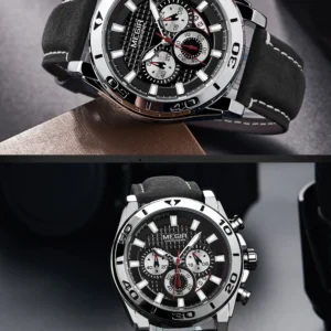 Chronograph watch with black strap.