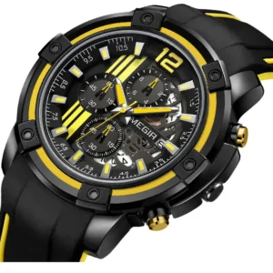 Black and yellow chronograph watch