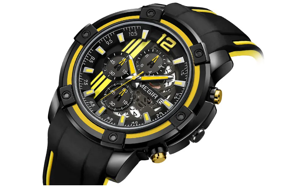 megir men's sports quartz watches army military chronograph wristwatch for man luminous relogios masculino clock 2097 black red Black and yellow chronograph watch