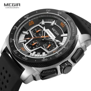 Chronograph watch with orange accents.