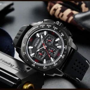Black chronograph watch with red accents
