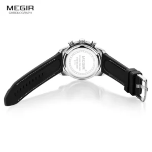 Chronograph watch with black band.