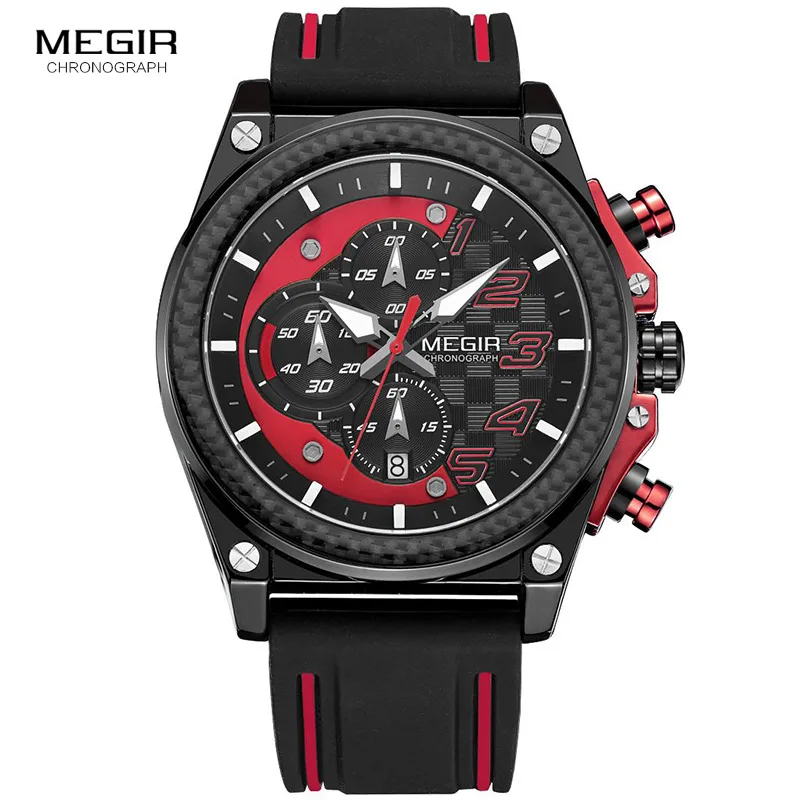 megir men's chronograph quartz watches for male waterproof luminous wristwatch with rubber strap for boys man 2051g 1n8 Black and red chronograph watch