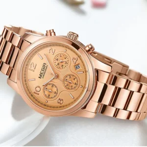 Rose gold chronograph watch.