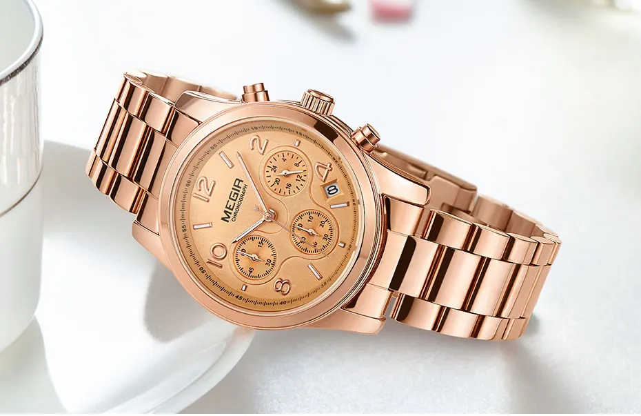 megir ladies watch chronograph quartz watches women top brand luxury rose gold wristwatch relogio feminino часы женские 2057 Rose gold chronograph watch.
