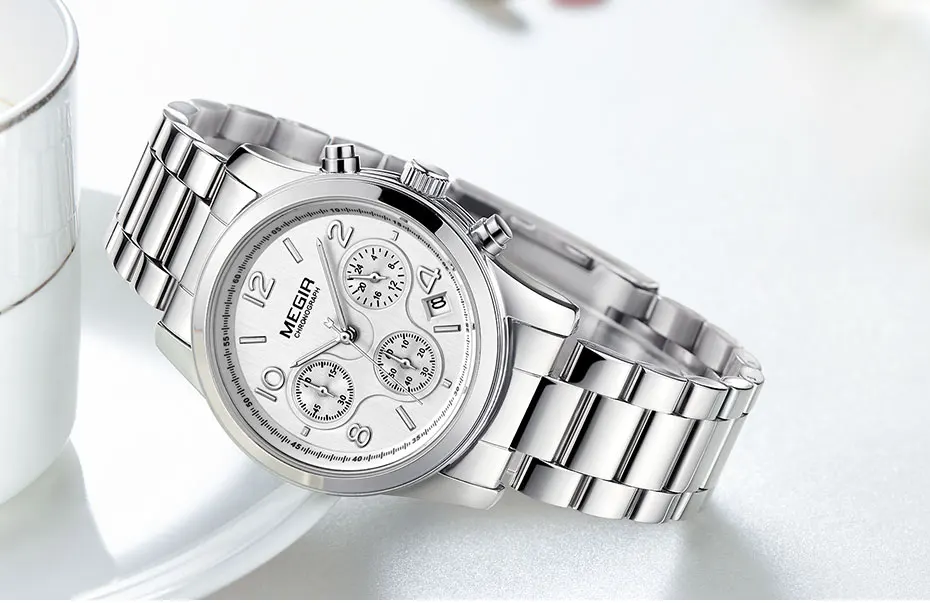 megir ladies watch chronograph quartz watches women top brand luxury rose gold wristwatch relogio feminino часы женские 2057 Silver chronograph watch detail