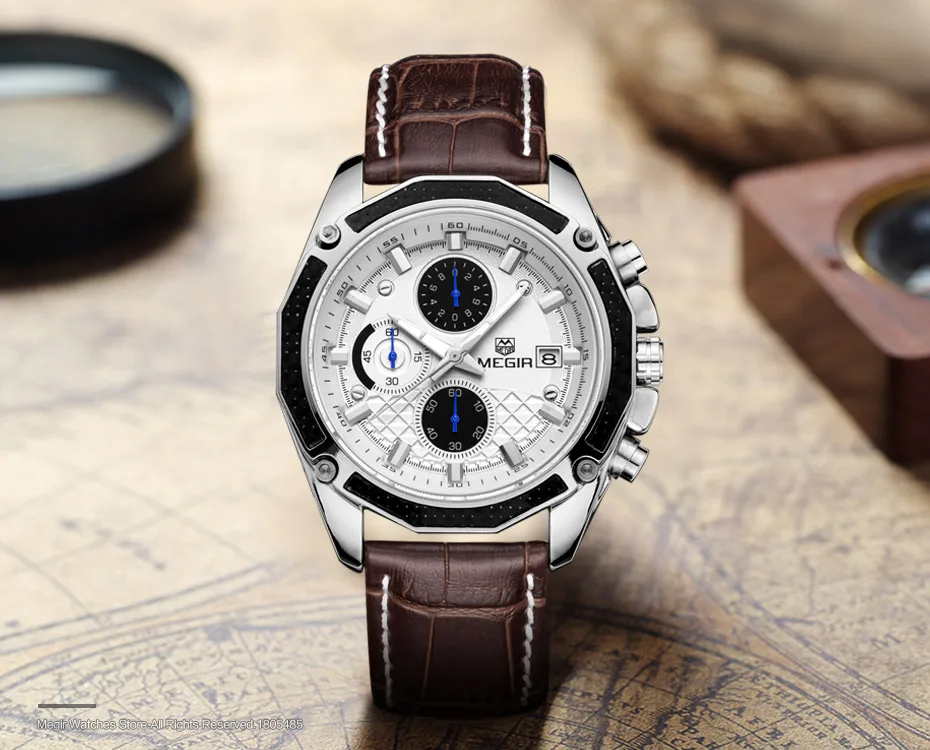 megir quartz male watches genuine leather watches racing men students game run chronograph watch male glow hands for man 2015g Men's chronograph watch with leather strap