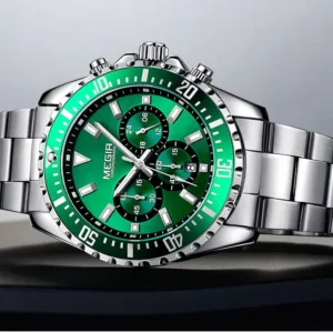Green chronograph watch with silver band