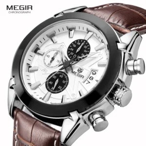 White chronograph watch with leather strap