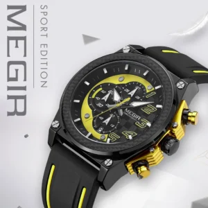 Black sport watch with yellow accents