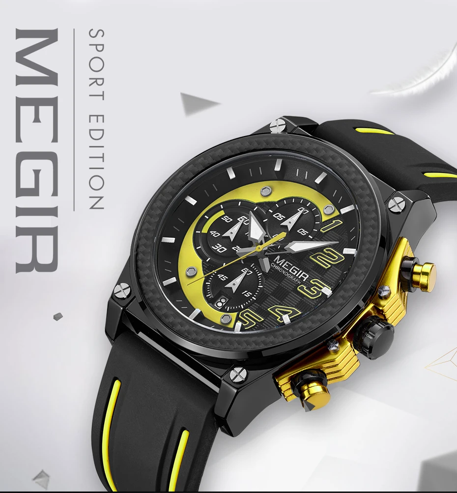 megir men's chronograph quartz watches for male waterproof luminous wristwatch with rubber strap for boys man 2051g 1n8 Black sport watch with yellow accents