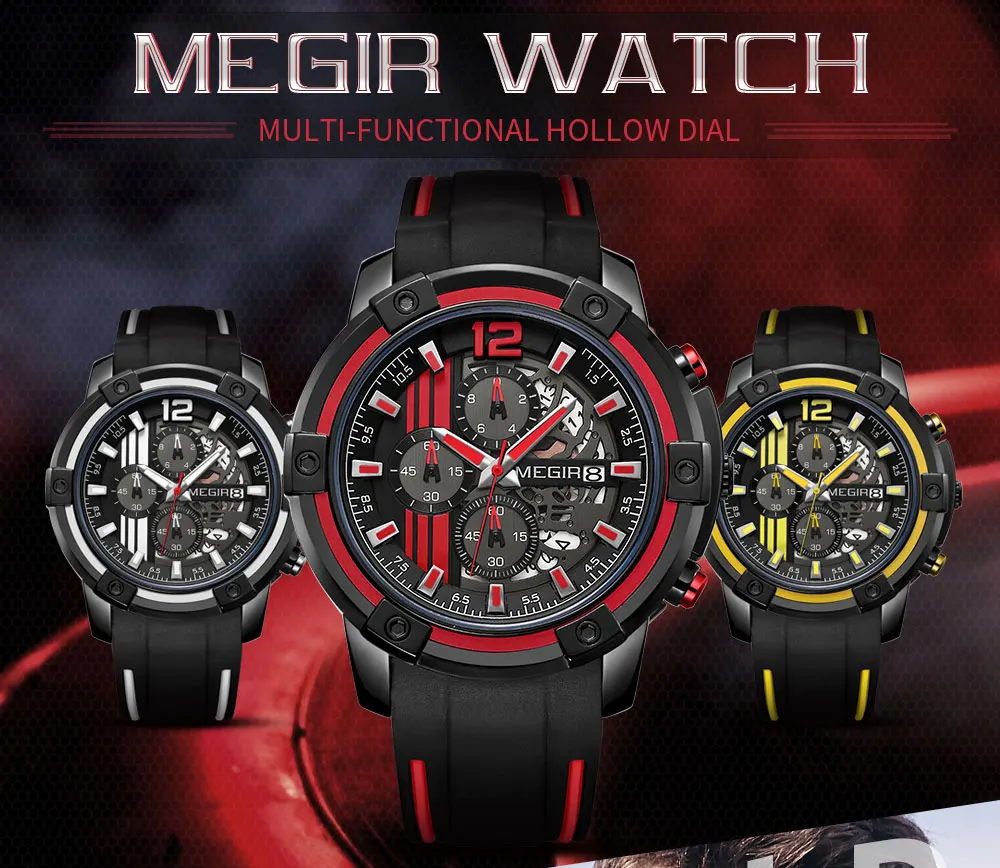 megir men's sports quartz watches army military chronograph wristwatch for man luminous relogios masculino clock 2097 black red Three multi-functional watches displayed