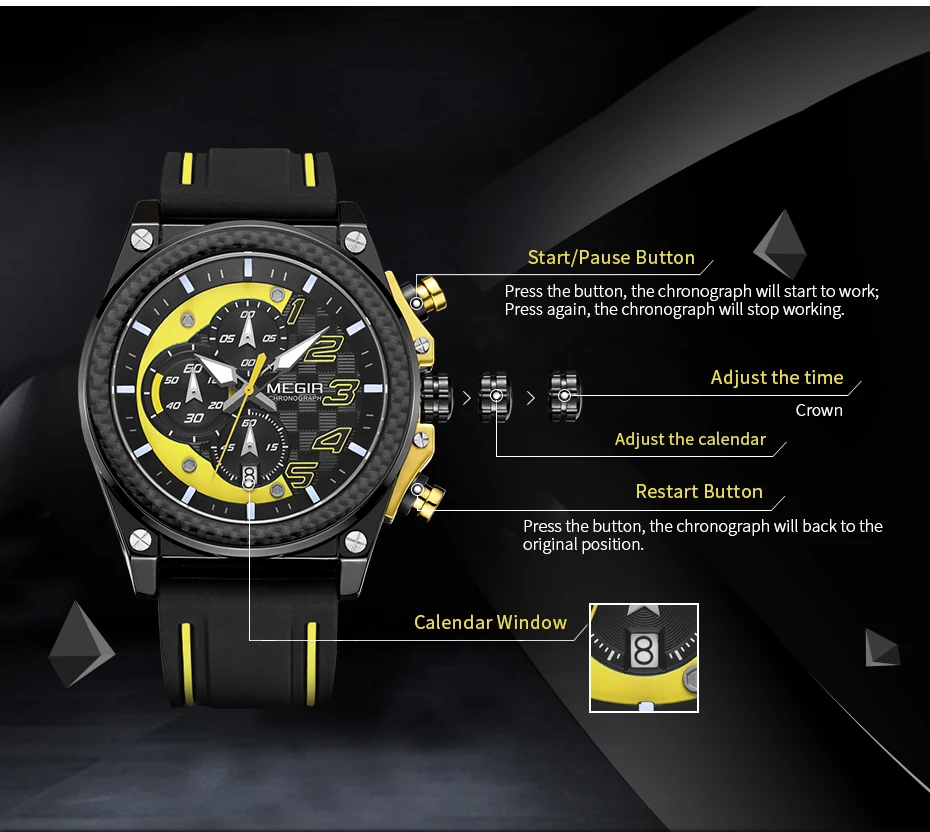 megir men's chronograph quartz watches for male waterproof luminous wristwatch with rubber strap for boys man 2051g 1n8 Chronograph watch with yellow accents