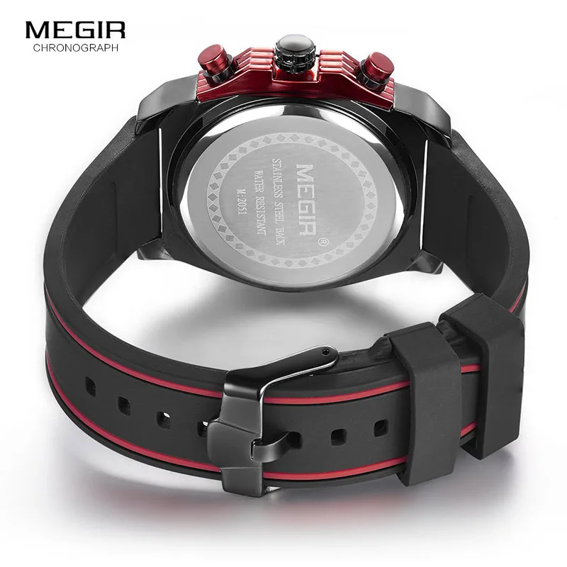 megir men's chronograph quartz watches for male waterproof luminous wristwatch with rubber strap for boys man 2051g 1n8 Red and black chronograph watch