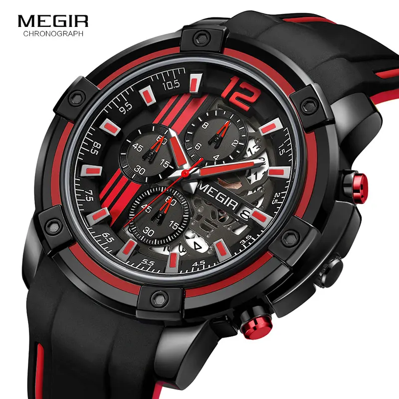 megir men's sports quartz watches army military chronograph wristwatch for man luminous relogios masculino clock 2097 black red Black red chronograph watch face