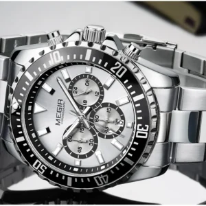 Silver chronograph watch with metal band