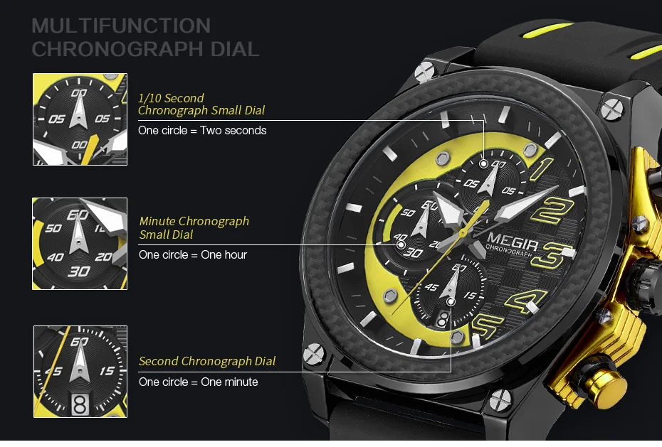 megir men's chronograph quartz watches for male waterproof luminous wristwatch with rubber strap for boys man 2051g 1n8 Watch chronograph dial functions explained