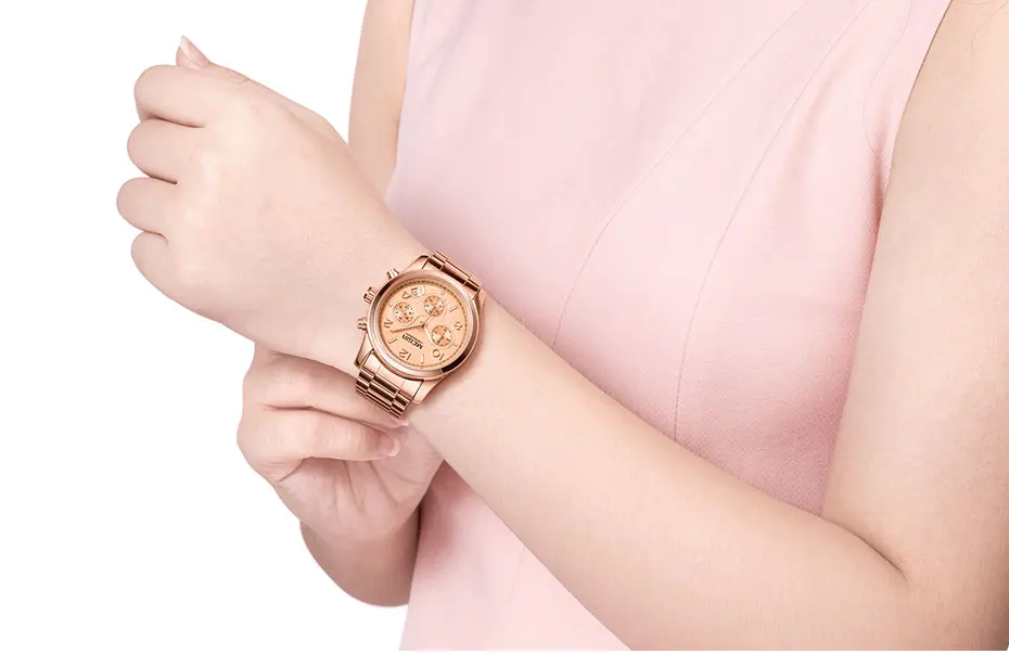 megir ladies watch chronograph quartz watches women top brand luxury rose gold wristwatch relogio feminino часы женские 2057 Rose gold watch on wrist
