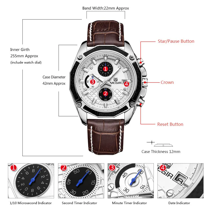 megir quartz male watches genuine leather watches racing men students game run chronograph watch male glow hands for man 2015g Watch dimensions and features diagram