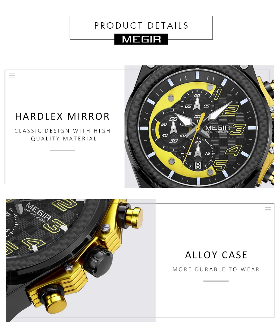 megir men's chronograph quartz watches for male waterproof luminous wristwatch with rubber strap for boys man 2051g 1n8 Black and gold chronograph watch