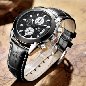 Black leather strap watch