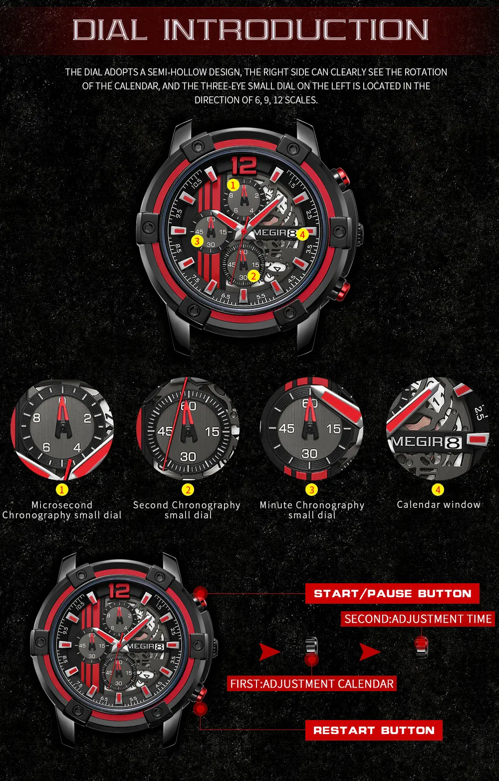 megir men's sports quartz watches army military chronograph wristwatch for man luminous relogios masculino clock 2097 black red Watch dial introduction with chronographs