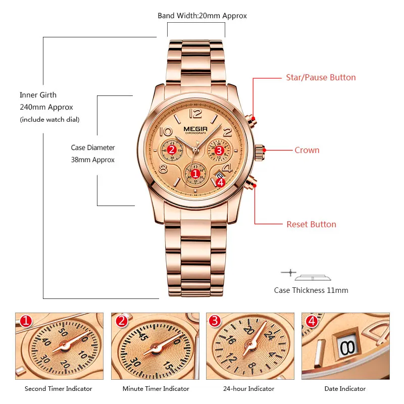 megir ladies watch chronograph quartz watches women top brand luxury rose gold wristwatch relogio feminino часы женские 2057 Rose gold watch with features.