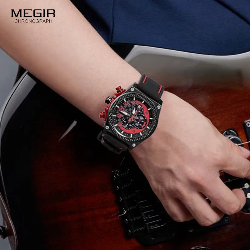 megir men's chronograph quartz watches for male waterproof luminous wristwatch with rubber strap for boys man 2051g 1n8 Men's black and red watch