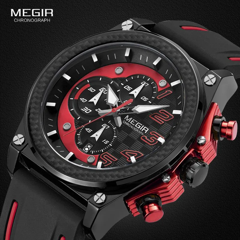 megir men's chronograph quartz watches for male waterproof luminous wristwatch with rubber strap for boys man 2051g 1n8 Men's red and black watch