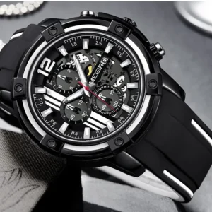 Black sports watch with white accents.