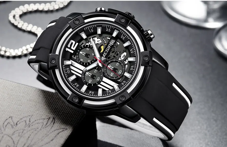 megir men's sports quartz watches army military chronograph wristwatch for man luminous relogios masculino clock 2097 black red Black sports watch with white accents.
