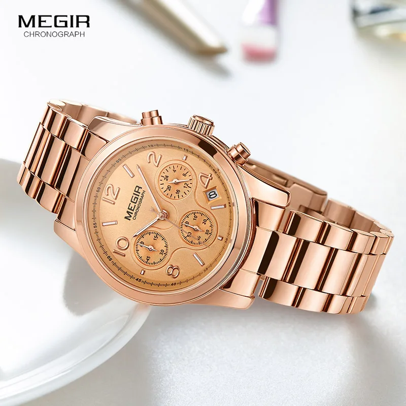 megir ladies watch chronograph quartz watches women top brand luxury rose gold wristwatch relogio feminino часы женские 2057 rose gold chronograph watch