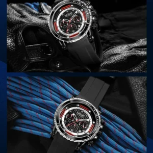 Black chronograph watch on leather
