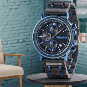 Wooden blue men's watch
